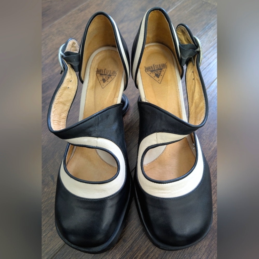 John Fluevog Black and Cream Elif Mary Jane Heel